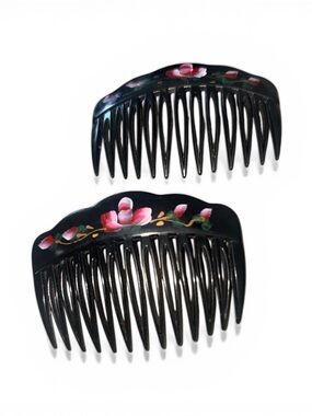 60’s French Hand Painted Floral Black Comb Clips/ Hair Combs (2)